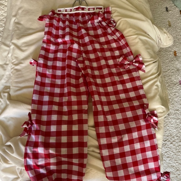 Megan Crosby Rae Organic Cotton Red Gingham Bow Trousers size Medium - Picture 3 of 4